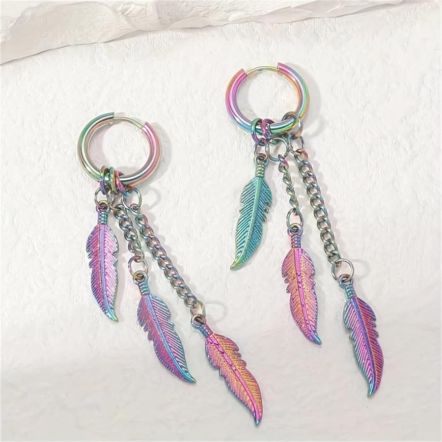 1pair Unisex Punk Hip Hop Stainless Steel Feather Chain Dangle Stud Earrings for Men Women Vintage Piercing Ear Jewelry
