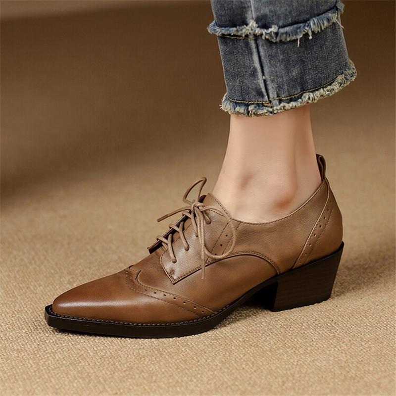 Fashion New Spring Autumn Genuine Leather Women Pumps Shoes for Women Pointed Toe Brogue Designs Loafers High Heels Concise Ladies Shoes