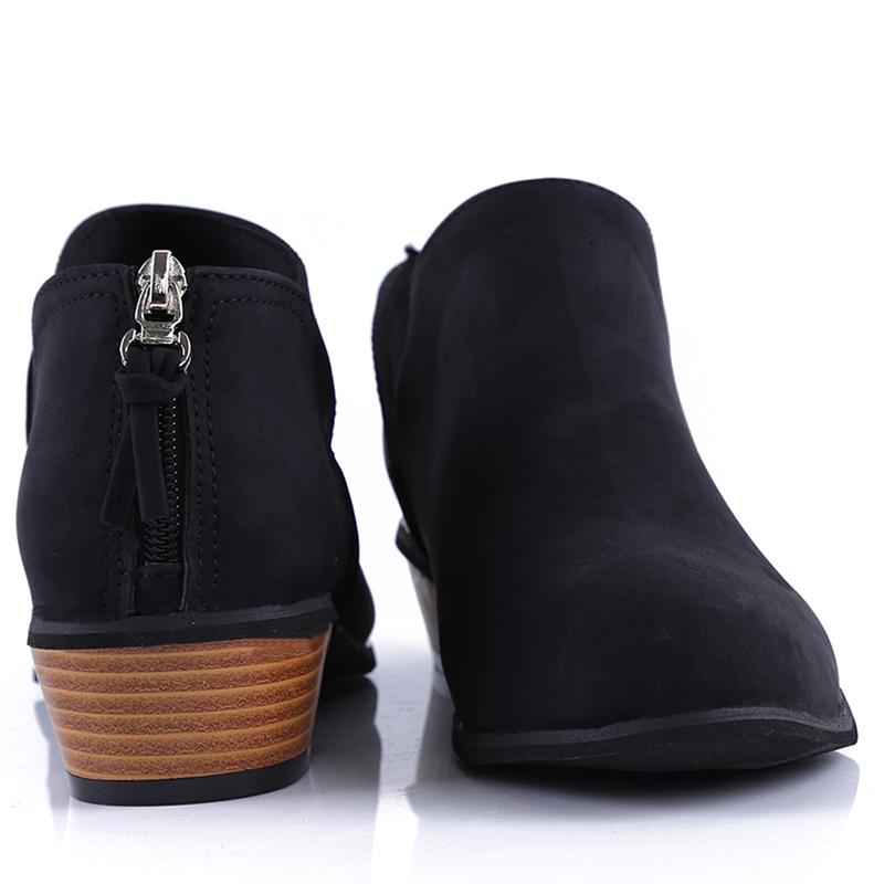 Women's Leather Ankle Boots Cutout Low Chunky Heel Round Toe Zipper