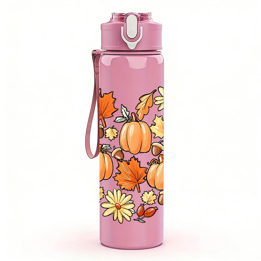 1PC Autumn Pumpkin Heart 750ml Color Plastic Sports Water Bottle Leakproof Flip Straw Lid Suitable for Sports Office Home Use