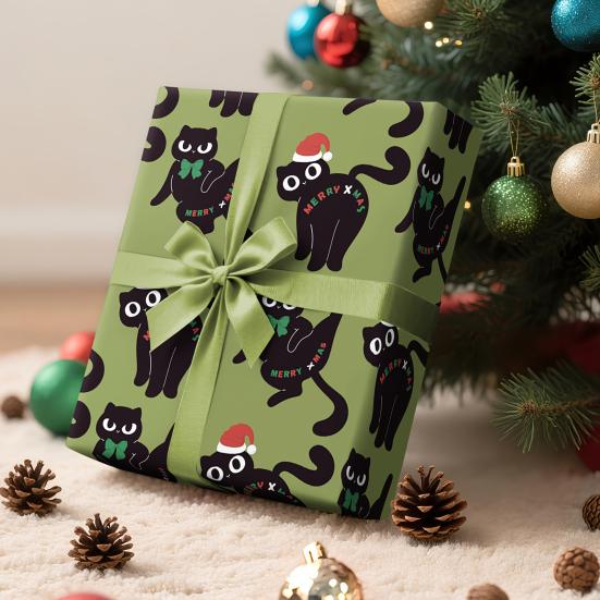Christmas Cat Wrapping Paper 16.4 Ft Cute Black Cats Gift Wrap Roll Holiday Gift Wrap for Boys Girls Cat Lovers Christmas Party