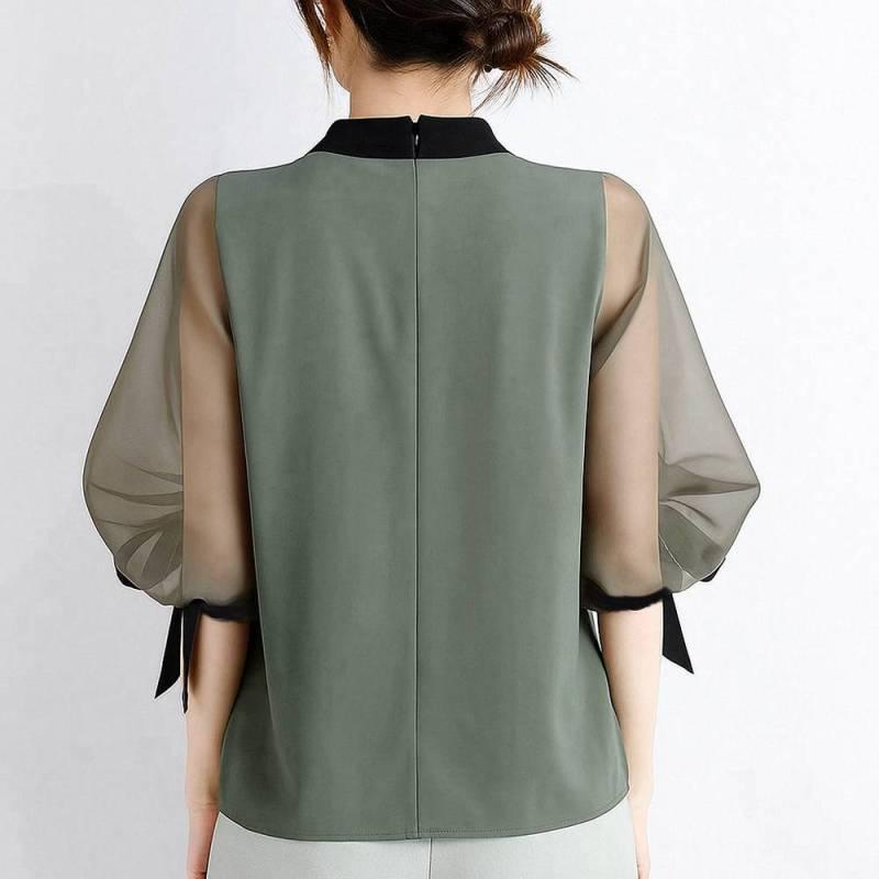 2025 Cross-border Summer Korean Round Neck Tie-Up Mid-Sleeve Top