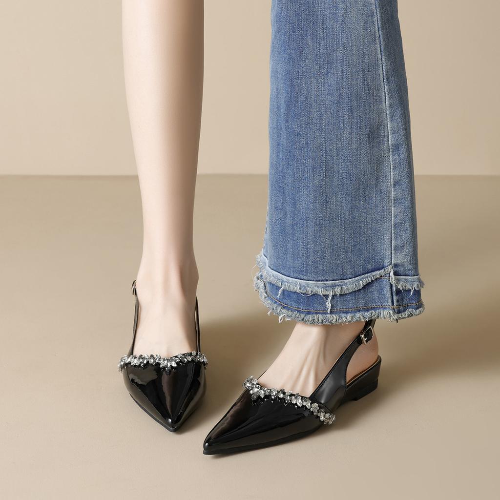 Pointed Single Shoes Women's Nude Patent Leather Word with Summer Rhinestone Bag Head Rear Empty Sandals Women