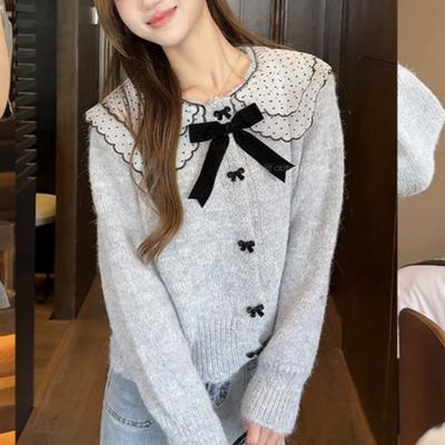 Autumn and Winter Knitted Sweater Lace Stitching Sweet Bow Sweater Women's Top