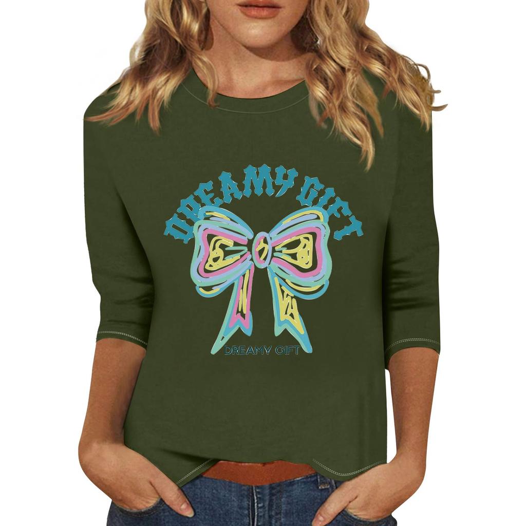 Women's Fashionable Casual Three Quarter Sleeve Printed Collar Pullover Top