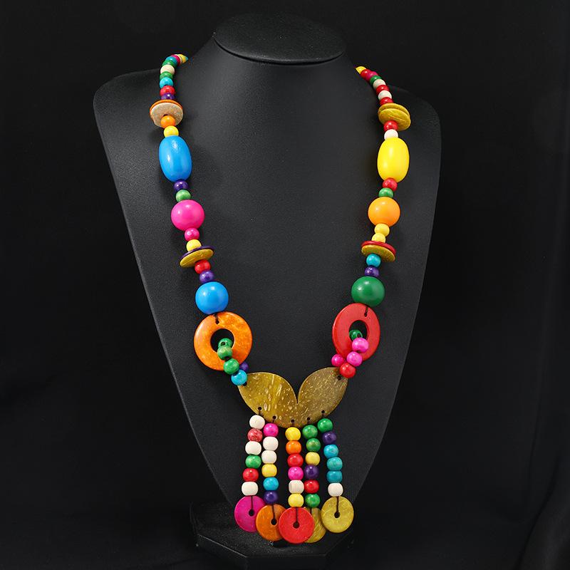 Bohemian Colored Coconut Shell Necklace Holiday Style Long Wooden Handmade Sweater Chain Women's Accessories