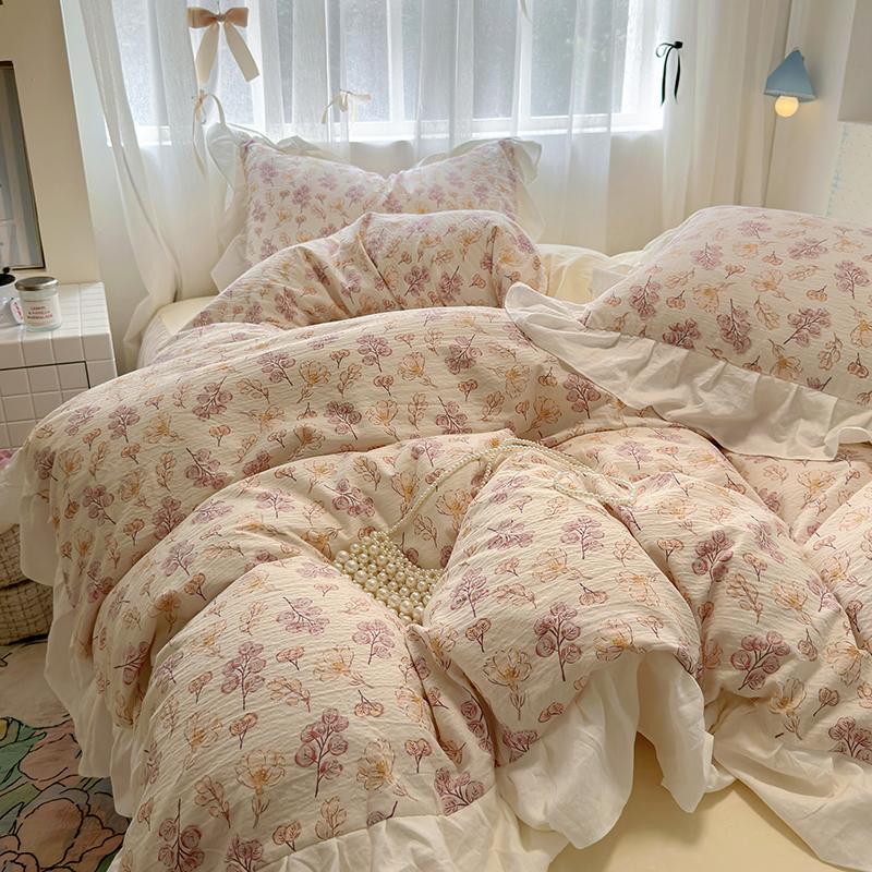Bedding Set Korean Style 2024 New  Small Floral Water Washed Cotton Lace Duvet Cover Set Queen Size
