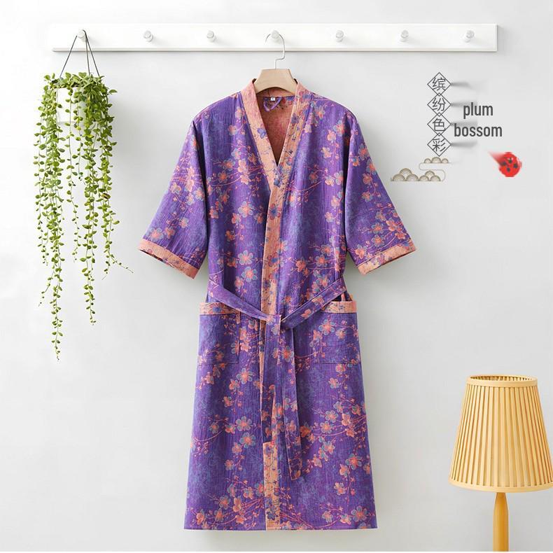Pure Cotton Double Gauze Chinese Style Couple Bathrobe - Spring/Summer, Thin, Absorbent, Quick-Drying Pajamas/Homewear