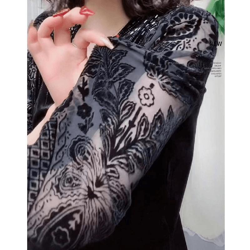 Kadın Elmas Seksi Şeffaf Dantel Patchwork Zarif Temel Tişört İlkbahar Sonbahar Moda V Yaka Uzun Kollu Siyah Kazak Üstleri