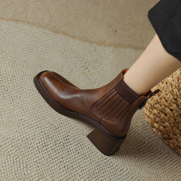 Coarse-heeled short boots women's 2025 winter new comfortable and thin elastic boots square French ankle boots high-heeled Chelsea boots