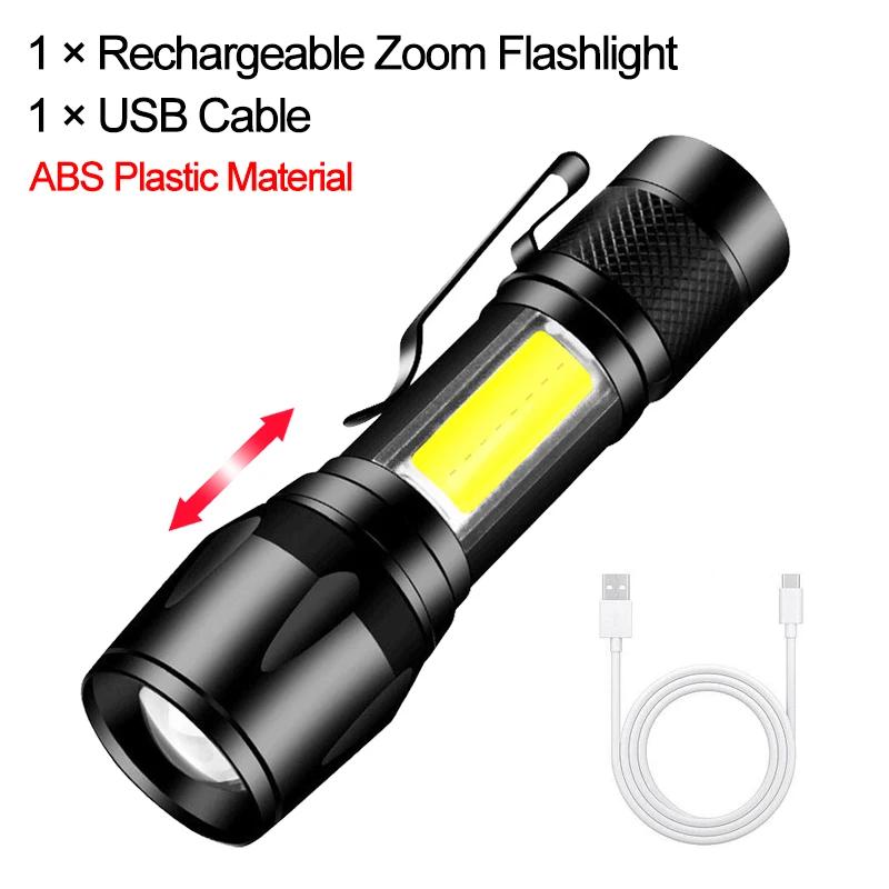 Portable Mini LED Flashlight 3 Modes USB Rechargeable Zoom Torch Strong Light Outdoor Camping COB Lamp Waterproof Flashlights