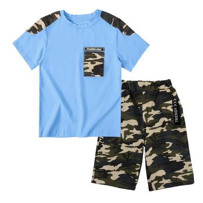 LOLANTA Pojars Sommaroutfit Set, Kortärmad T-shirt och Cargobyxor, Kamouflagemönster Casual Outfit, Snygg Blå, Storlek 150