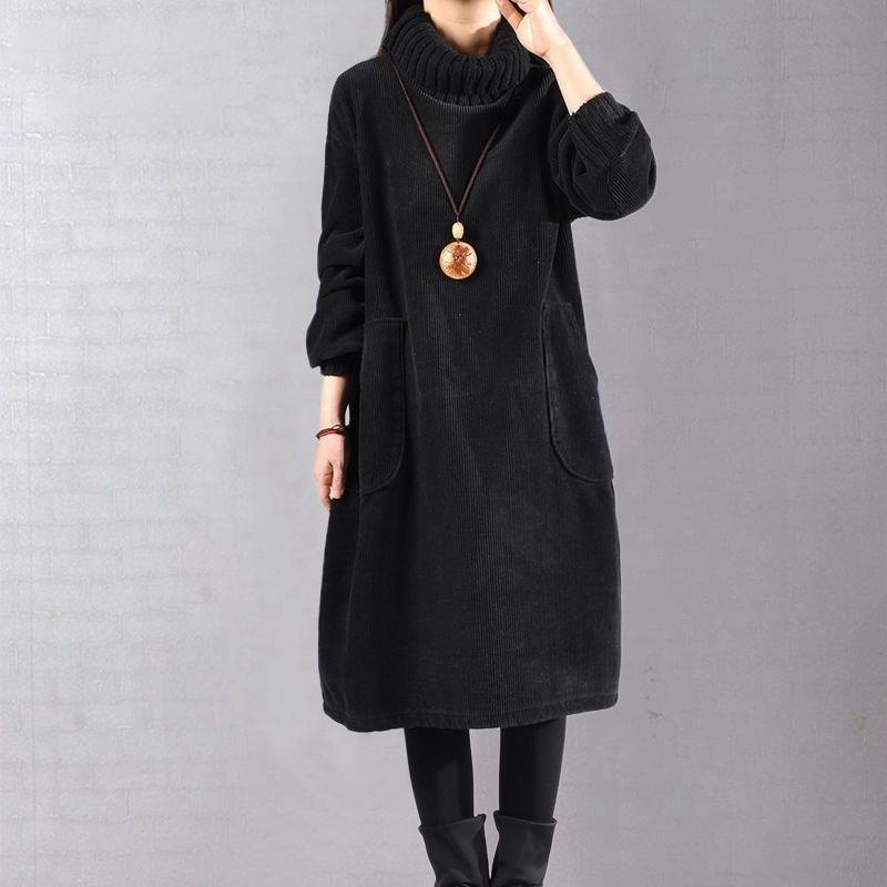 TIFICY Damen Mode Herbst Winter Einfarbige Drucke Langarm Hoher Hals Lockere Taille Freizeitkleider XXXL gray