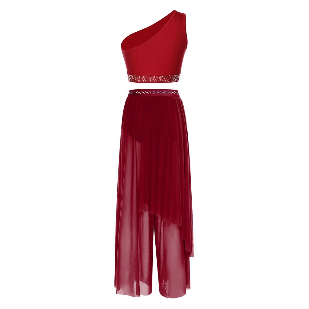 Abbigliamento da Danza da Donna Crop Top Asimmetrico con Strato Superiore e Strass, Monospalla in Rete Arricciata, con Pantaloncini Integrati per Performance Lirica