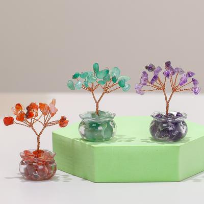 Arbre à Argent en Cristal Jaune Naturel Mini Ornement Avec Agate Rouge Décor de Bureau Style Dessin Animé Décoration Feng Shui