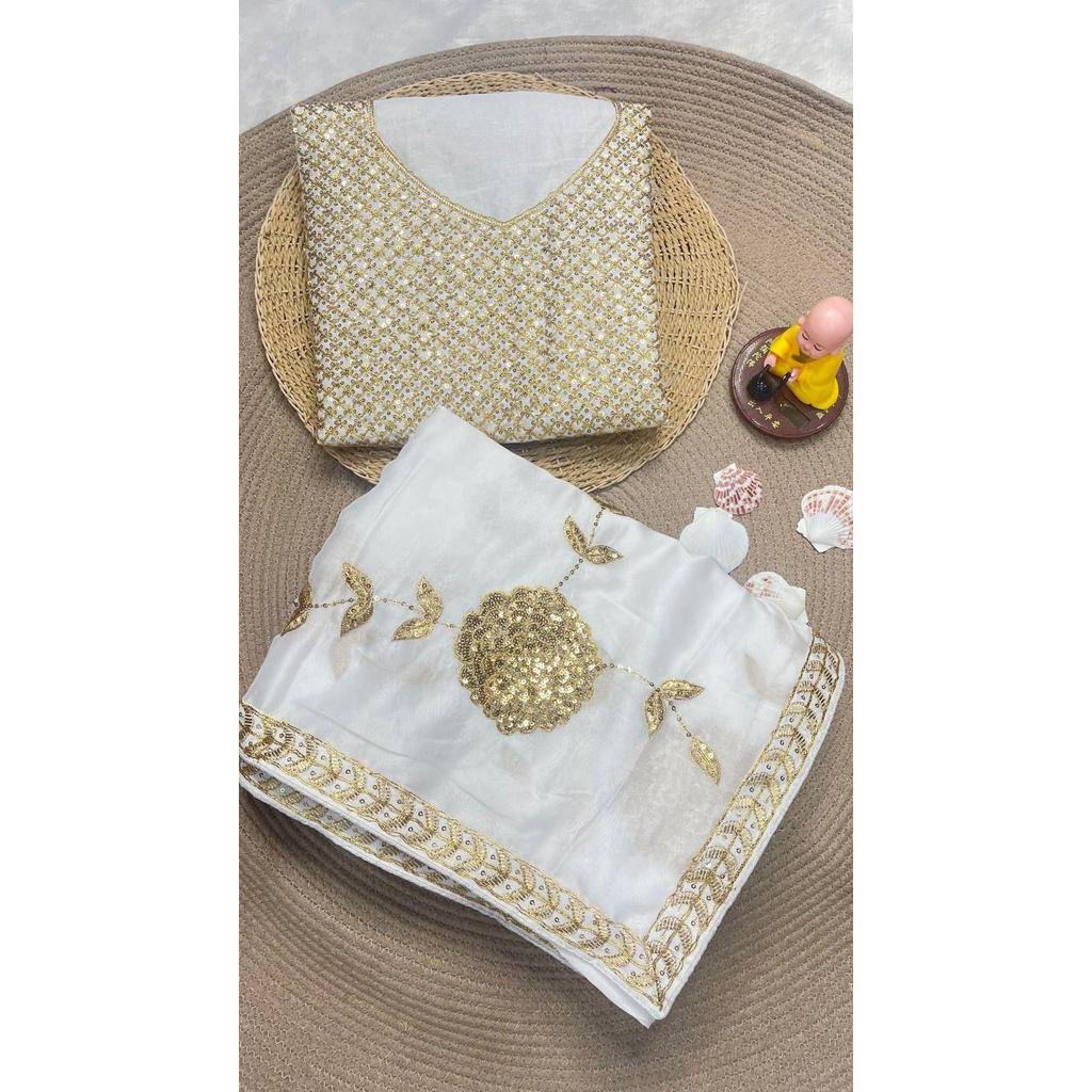 Premium  Georgette Fabrics with 3 Mm Sequence Embroidered Work and Golden Zari Thread Work