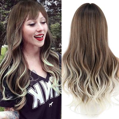 Long Brown Blonde Ombre Wavy Synthetic Wigs with Bangs Natural Hair Wigs for Women Heat Resistant Daily Cosplay Wig