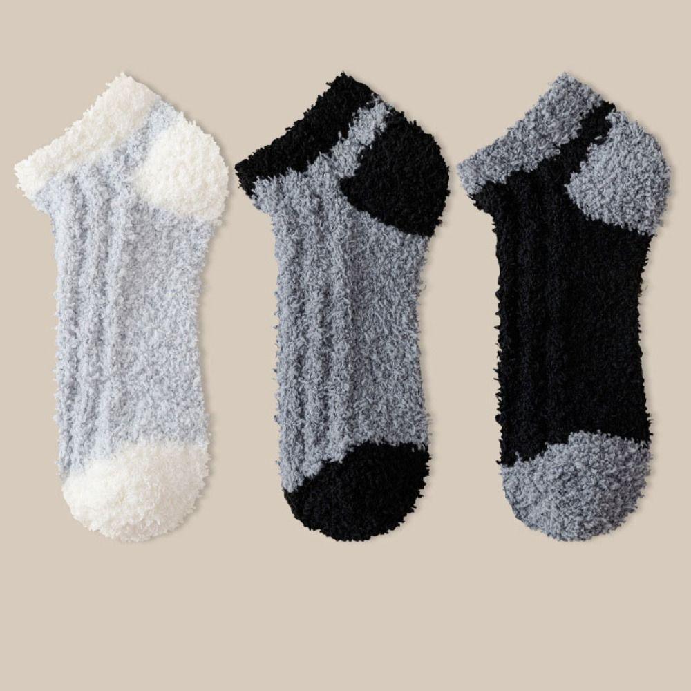 3Pairs Thickened Coral Fleece Socks Patchwork Warm Boat Socks Women Kawaii Floor Plush Socks  Winter