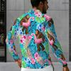 Men s Plus Size Long Sleeve Quarter Zip Collared Polo Shirt Striped Palm Tree Print Beige Navy Blue