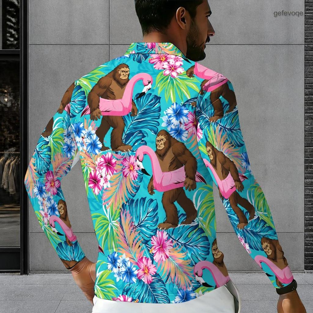 Men s Plus Size Long Sleeve Quarter Zip Collared Polo Shirt Striped Palm Tree Print Beige Navy Blue