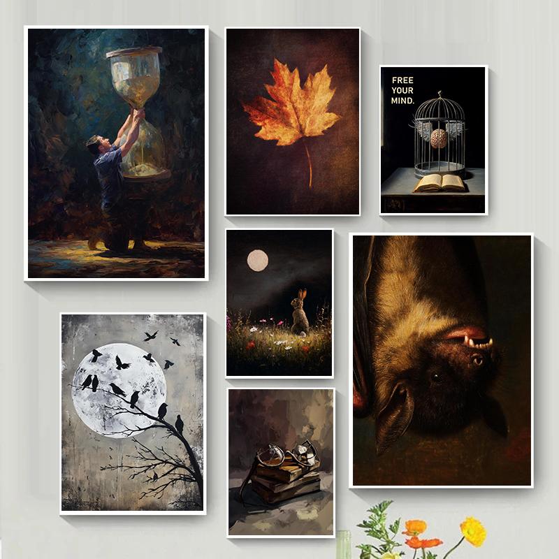 Nastrojowe Gotyckie Śpiący Nietoperz Anioł Plakaty Kwiat Stokrotki Klepsydra Kozie Nadruki Obraz na Płótnie Obrazy Ścienne Wystrój Domu Salonu