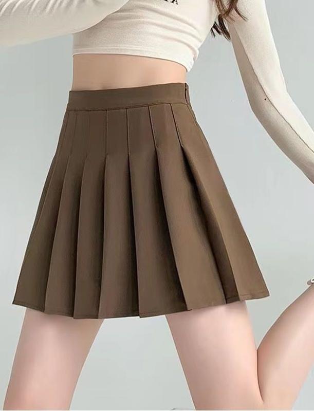 Fashion Women Solid Pleated A-Line Skirt Anti-Burnout High Waist Short Skirt