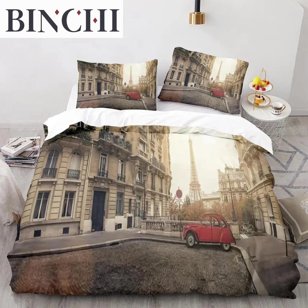 Povlak na přikrývku Eiffelova věž Paříž Francie Povlečení Retro Červený povlak na přikrývku na nákladní auto Budova města Automobil Polyesterový povlak na přikrývku