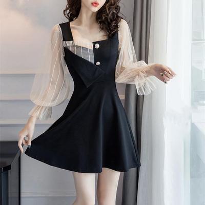 New Fashionable Girlish Temperament, Long-sleeved Hepburn Style Irregular Dress for Women