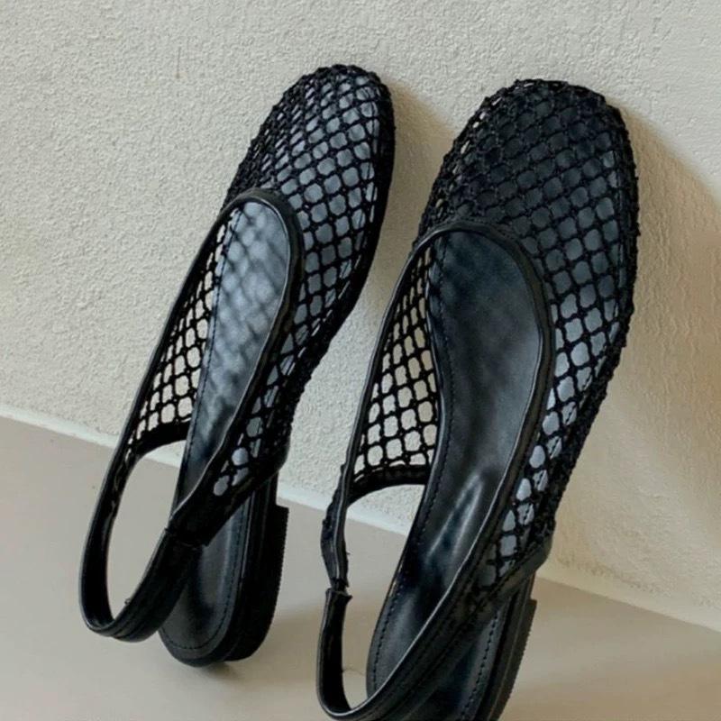 Leather Korean Version Mesh Fishing Net Bag Head Sandals Women's 2025 New Summer Niche Flat Bottom Empty Cool Slippers Single Shoes