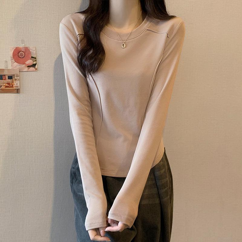 Autumn and Winter High-end Fashionable and Slim-fitting Long-sleeved T-shirt for Women with Brushed Thickened Inner Wear New Niche Bottoming Shirt