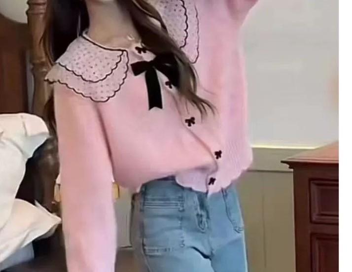 Bow Lazy Wind Autumn and Winter Knitted Cardigan Top Loose Outer Wear Trendy Doll Collar Short Sweater Women