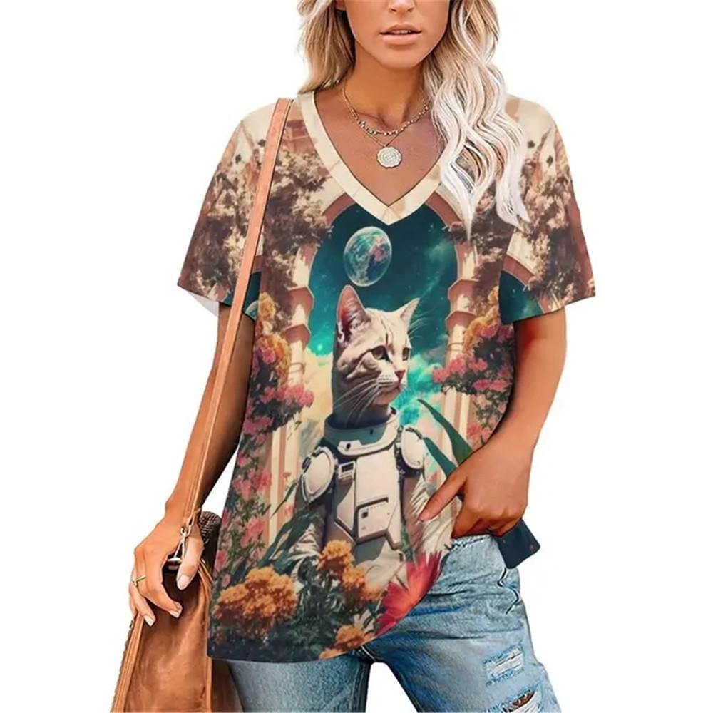 Sexy Katze Blumenmuster V-Ausschnitt Vintage T-Shirt Teenager T-Shirts Unisex Kleidung Vintage Streetwear Alltagsstil Mode Streetwear Y2k Tops