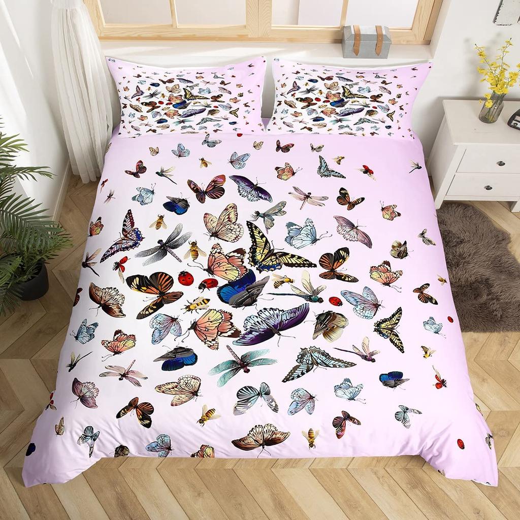 Boho Dragonfly King Queen Duvet Cover Cute Flower Love Heart Bedding Set Watercolor Floral Rustic Style Polyester Quilt Cover