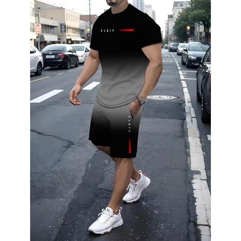 

Fashion Summer Men s Stripe Print Comfortable Breathable Round Neck T-shirt Shorts Set Outdoor High Street Clothing T-shirt Sets 6XL