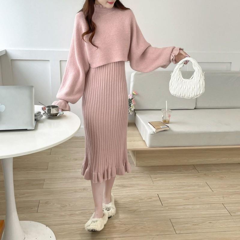 Womens Knit Two-Piece Set Winter 2026 Midi Dress With Cami Top Elegant Slim Fit Wool Blend Sweater