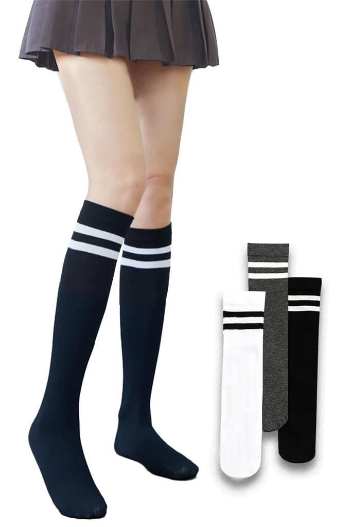 ARCADY Choose Your Pattern and Socks for White and Black Knee-High Socks, Length, Knee-High Girls, School, (Double Stripe, Medium)