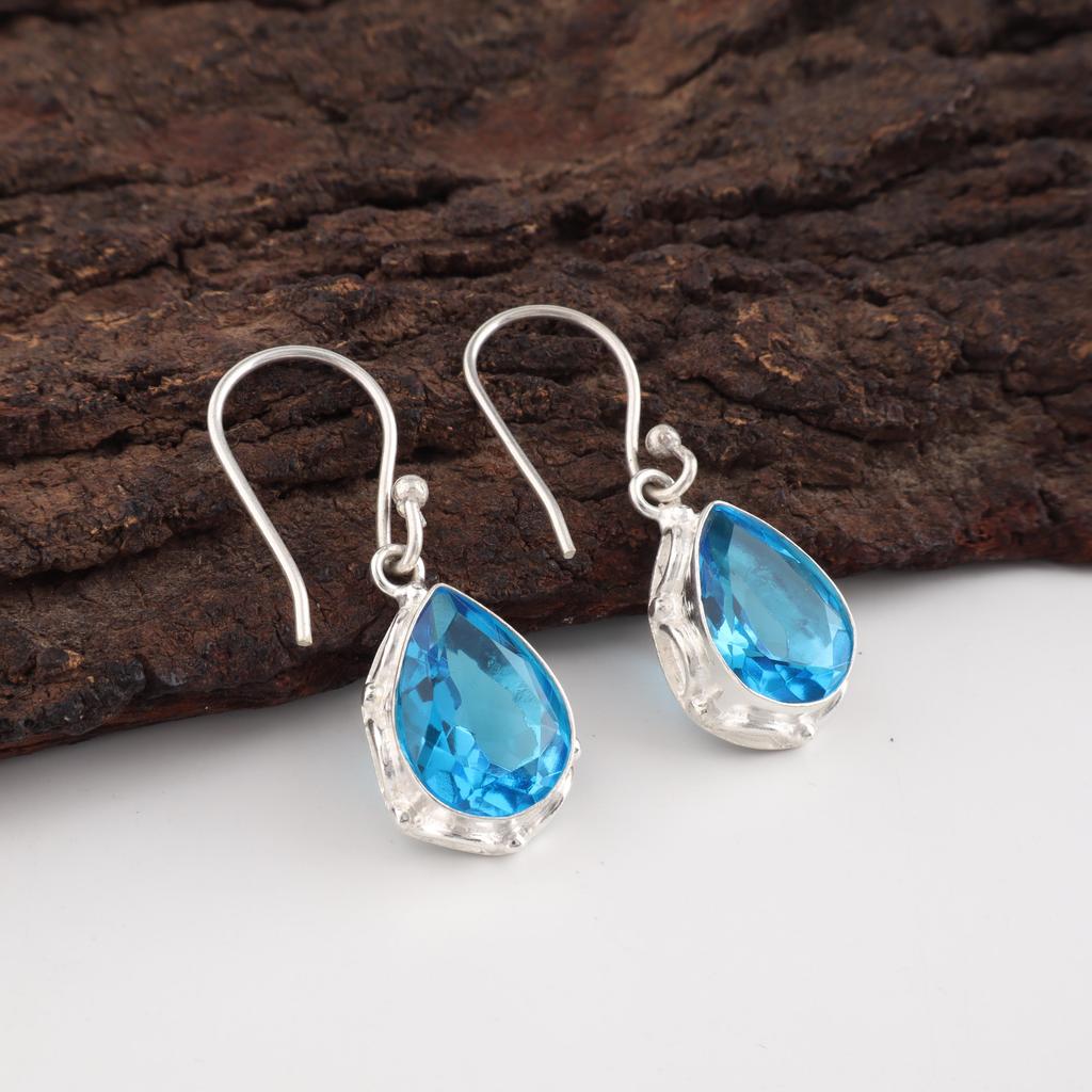 Swiss Blue Topaz Earrings Gemstone, 925 Solid Sterling Silver Earrings Jewelry, Handmade Earrings , Silver Jewelry For Gift