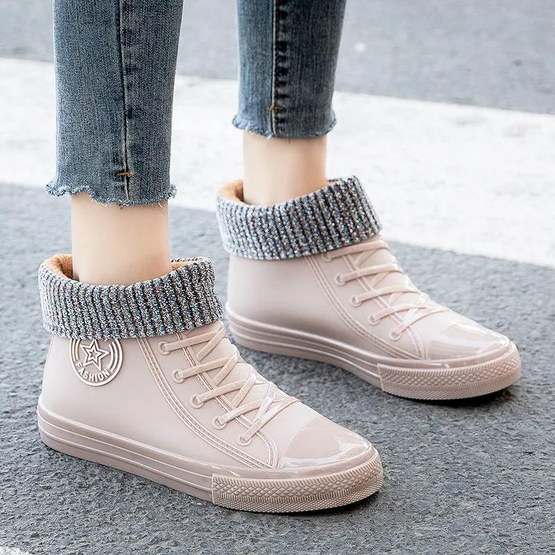 Adult Waterproof PVC Canvas Shoes Women Platform Ankle Rain Boots Outdoor Rain Shoe Ladies Non Slip Plus Cotton Silicone Boots