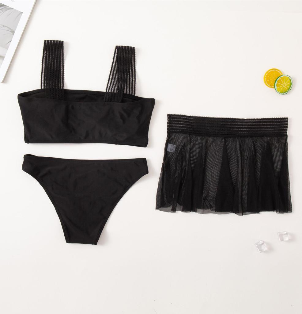 European & American Sexy Three-Piece Mesh Swim Set: Wide Shoulder Strap Dress, Shirt, Bikini