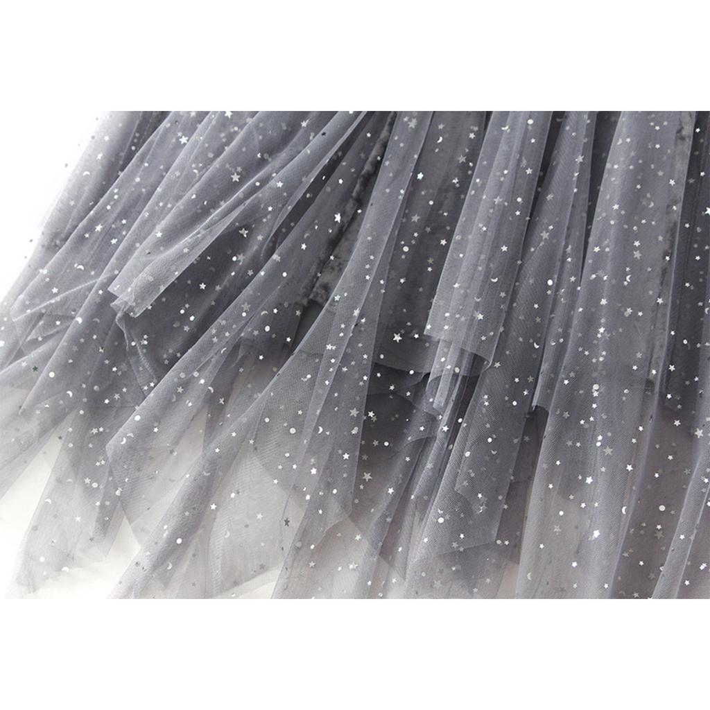 Moda Donna Paillettes Vita Elastica Gonna Irregolare in Rete Mezza Lunghezza