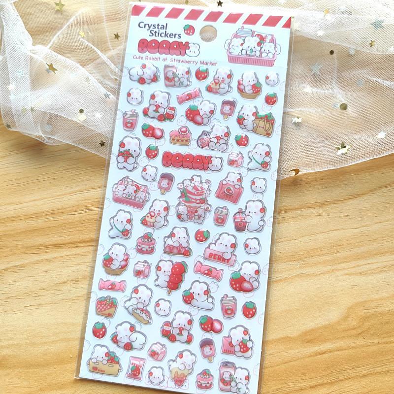 4 Pcs Strawberry Rabbit Pink Crystal Epoxy Kids' Cartoon Decorative Stickers Perfect for Scrapbook BulingBulingStickers Store