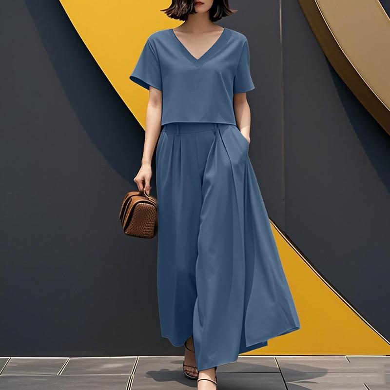 

ZANZEA Женский комплект из блузки с коротким рукавом и брюк с широкими штанинами, летний костюм-двойка 5XL тёмно-синий