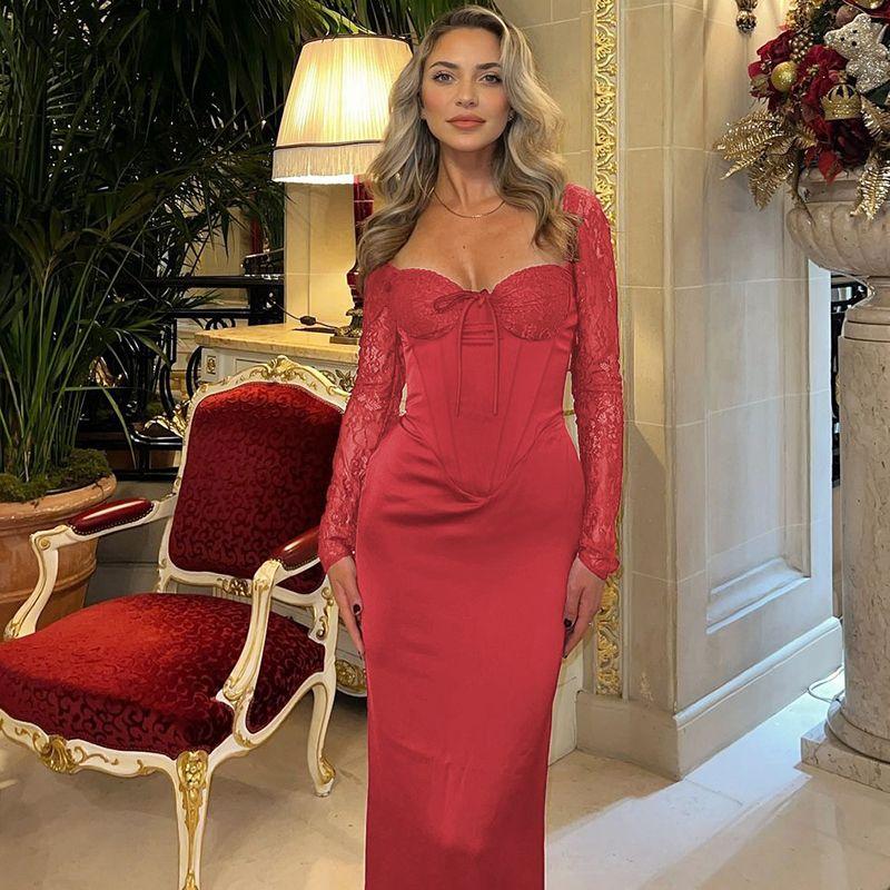 

Порывистое платье-бодикон с кружевом в стиле французского шика, с косточками на талии, доступная роскошь, формальное платье, элегантное платье в европейском и американском стиле, женское Red S