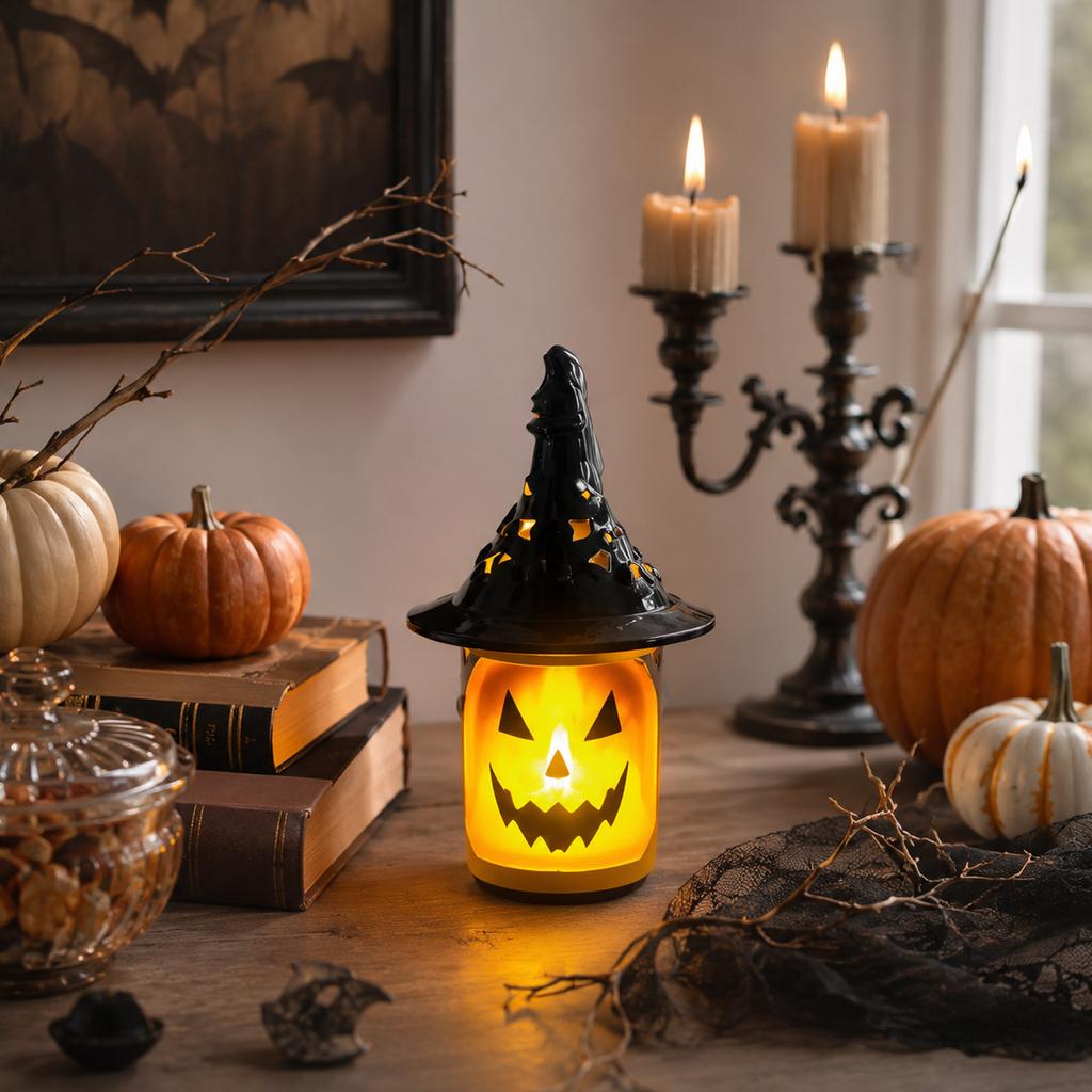 LED Lighted Handheld Lantern Halloween Pumpkin Candle Prop Decorative Lamp for Indoor Outdoor Use with Witch Hat Design