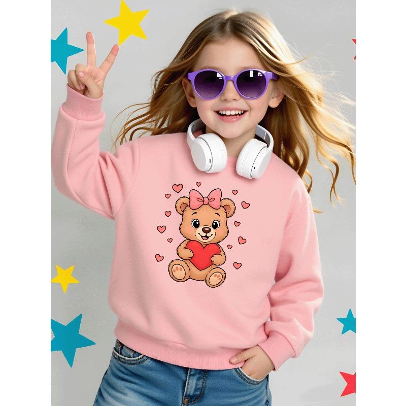 Youth Crewneck Sweatshirt Featuring a Teddy Bear with a Heart on a Pink Backdrop, Suitable for Machine Washing, Perfect for Spring And Autumn