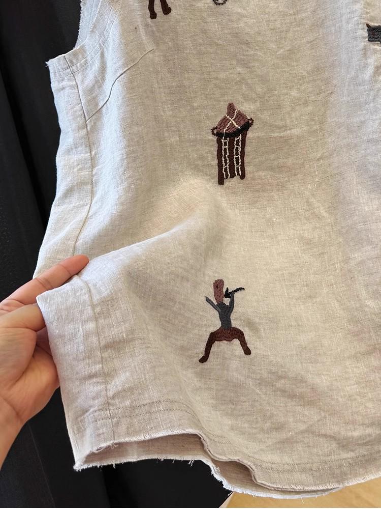 Women's Sleeveless Embroidered Cotton Linen Vest