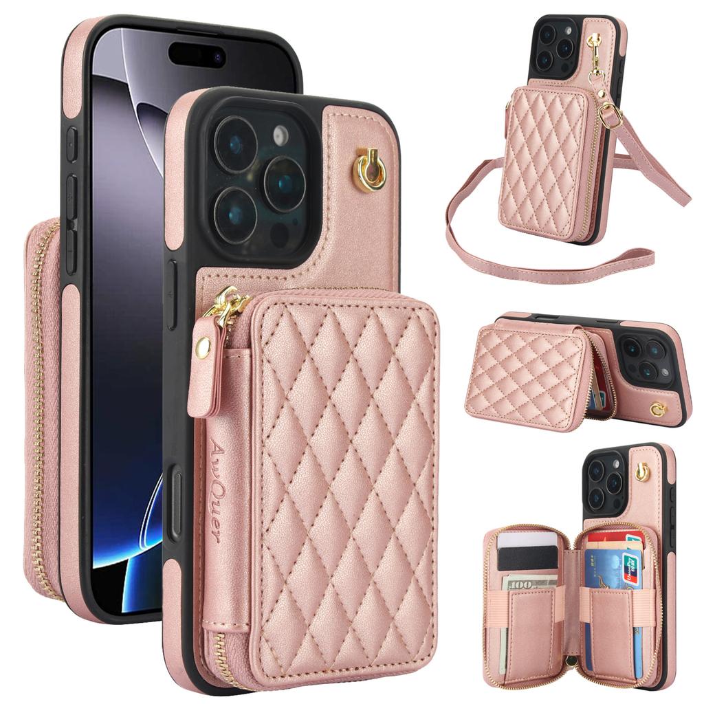 Quilted Zipper Wallet Phone Case For IPhone 15/14/13/12 - 7 Colors Leather Card Holder Cover