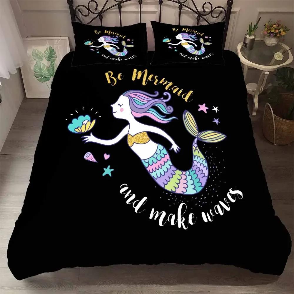 Print JellyfishUnicorn 2/3Pc Single Kids Black Cartoon Bedding Set Duvet Set With Pillowcases Mermaid Princess Bedset Twin Size