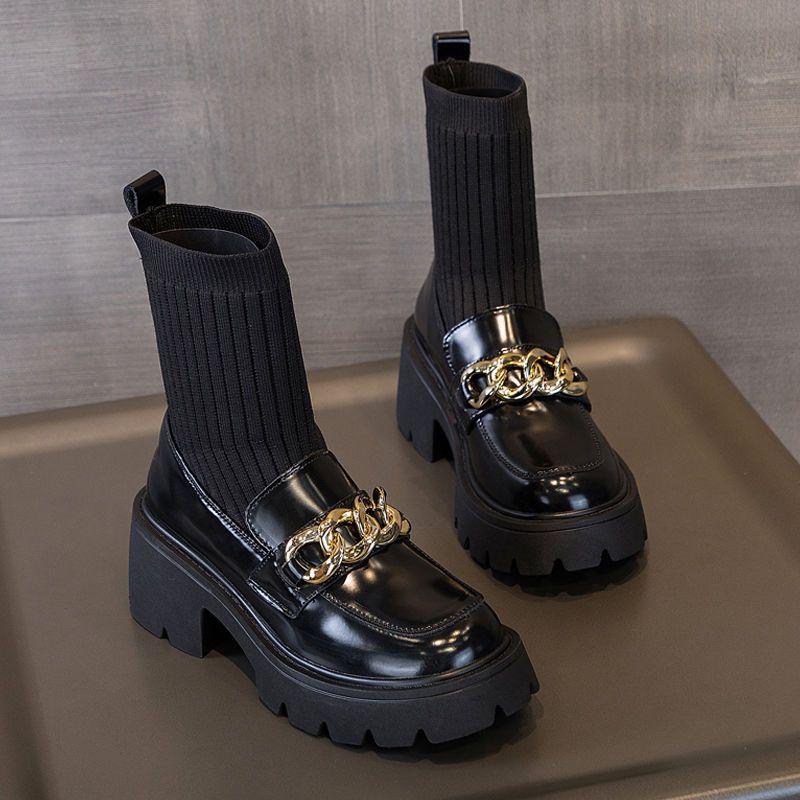 

Черные лоферы на массивном каблуке, ботильоны-носки, женские ботинки челси в британском стиле, зимняя обувь, большие размеры, удобная толстая подошва 39