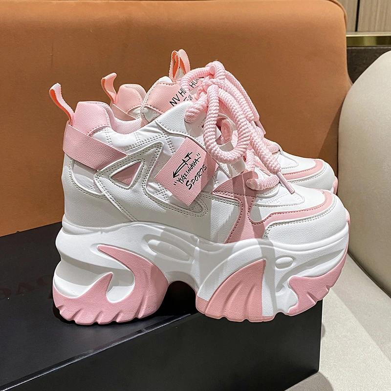 Fashion Women Walking Sneakers 2025 Spring Lace-up High Platform Chunky Shoes Breathable Leather Shoes 10CM Wedge Heels Casual Shoes